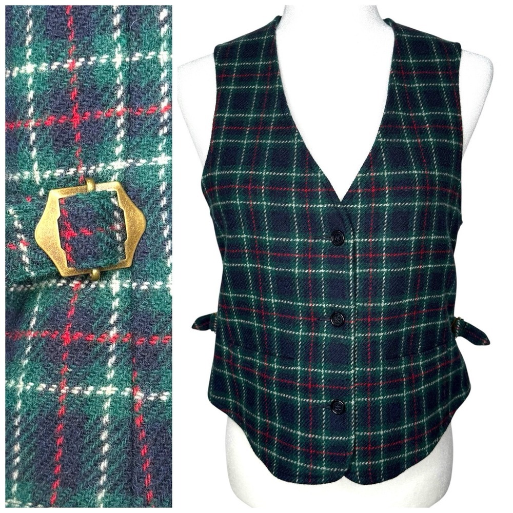 Vintage Eddie Bauer Vest S Lambswool Wool Waist Coat Buckle Plaid‎ Academia